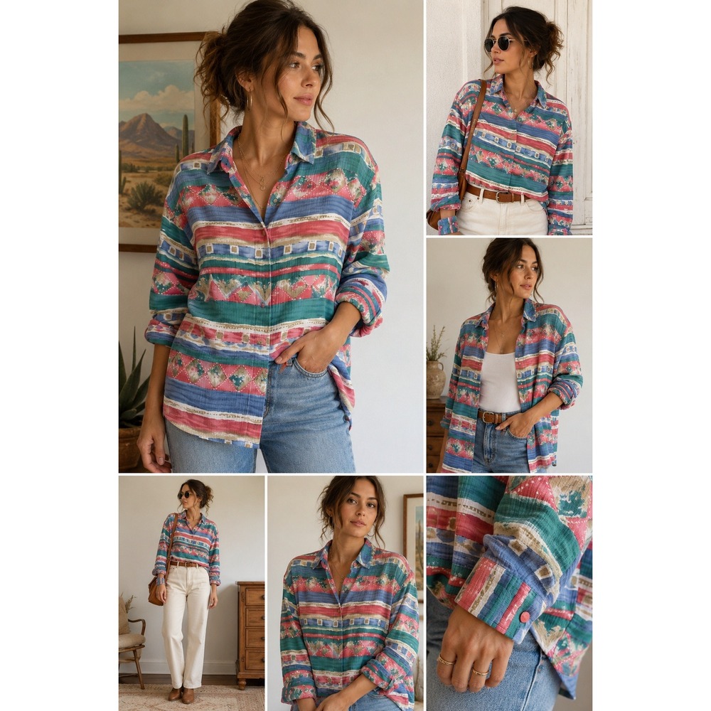 Alfred Dunner Shirt 12 Women Pink Blue Southwestern Geometric Button Up 90s - Picture 3 of 11
